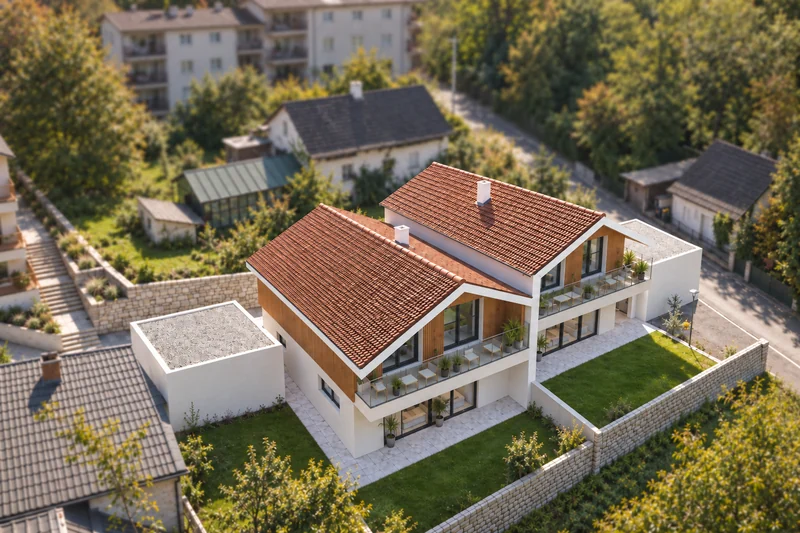 Luftbild der beiden Doppelhaushälften mit Gärten und Carport