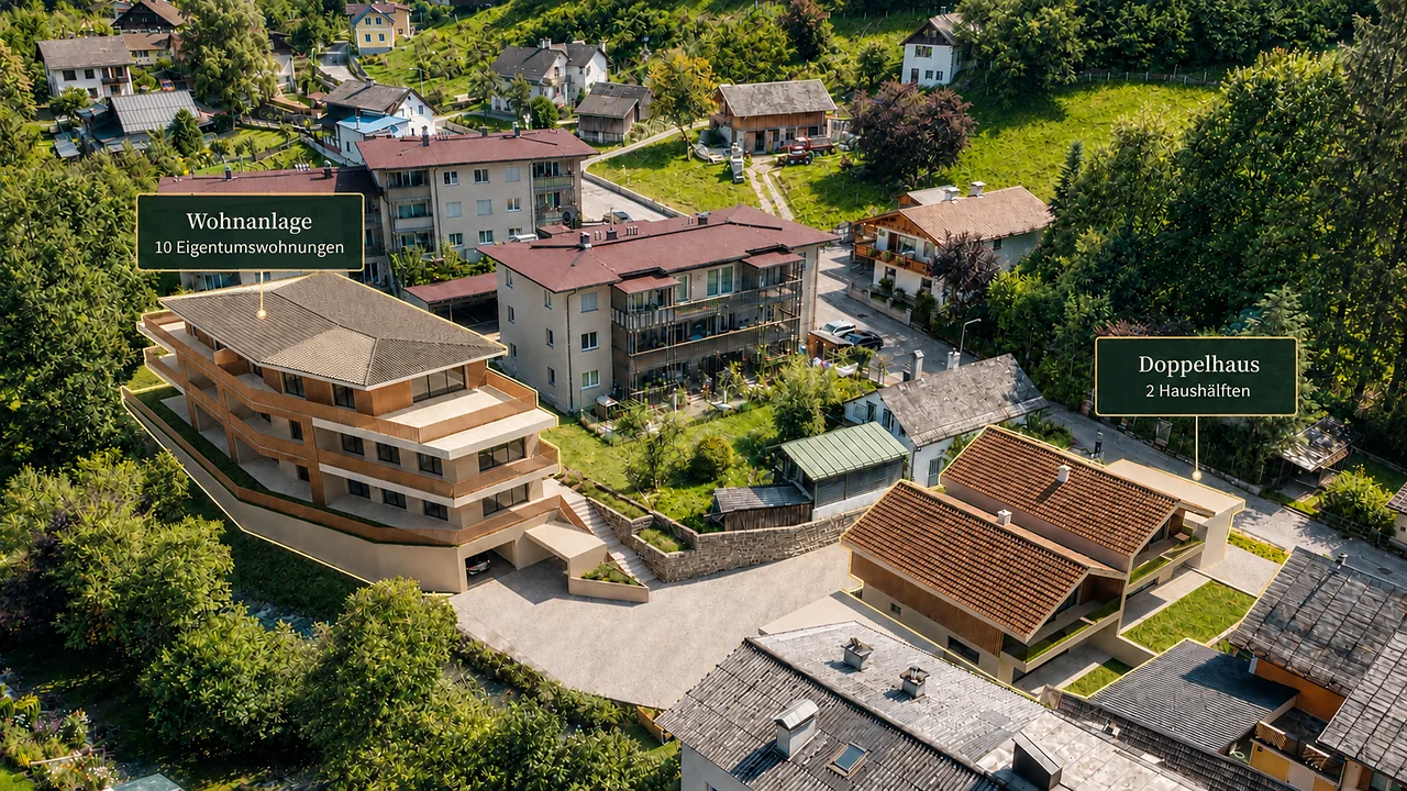 Luftbild des Grundstücks: links die Wohnanlage mit zehn Eigentumswohnungen, rechts das Doppelhaus mit zwei Haushälften